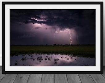 Lightning wall art picture hanging, Iowa farmland landscape photography decor