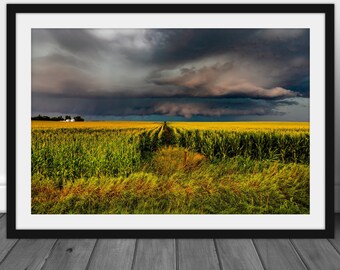 Iowa landscape photography print, scenic storm clouds and midwest cornfield country home decor