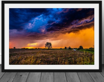 Storm photography print, scenic Iowa landscape wall art photo of orange sunset clouds nature home decor