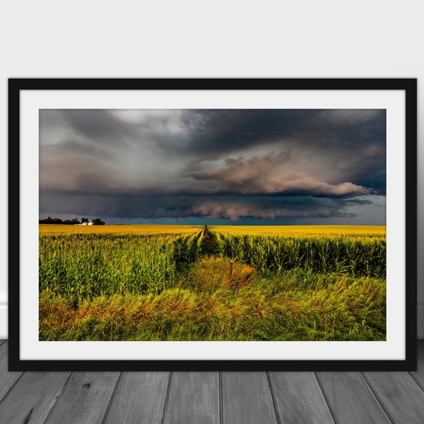 Iowa landscape photography print, scenic storm clouds and midwest cornfield country home decor