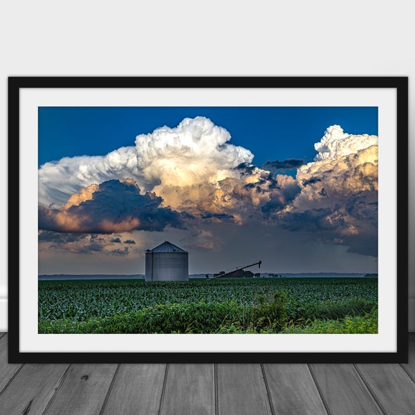 Country photography print, scenic fine art storm cloud wall art and Iowa cornfield photo unique farming home decor