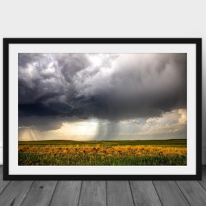 May include: A dramatic landscape photograph featuring a large, dark storm cloud over a field of green grass. The sun is shining through the clouds, creating a bright light in the distance. The storm cloud is casting a shadow over the field.