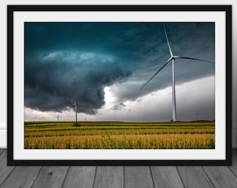 Tornado photography print, wind turbine on Iowa landscape wall art picture nature home decor