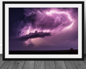 Cloud photography print, purple lightning wall art picture hanging