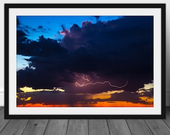 Storm cloud wall art picture, lightning sunset cloudscape photography home decor