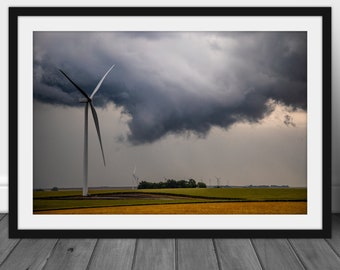 Storm cloud photography print, wind turbine wall art photo hanging