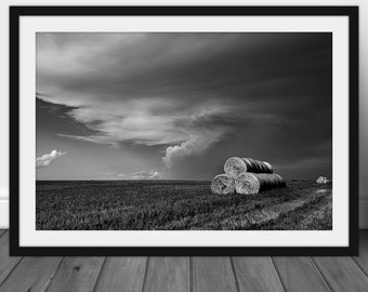 Black and white Nebraska landscape wall art, scenic haybale photography print