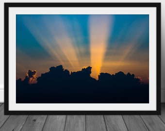 Sunrays photography print, fine art sunset wall art photo of unique sky decor
