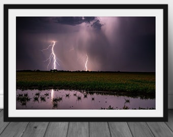 Lightning photography print, night sky Iowa landscape wall art picture hanging