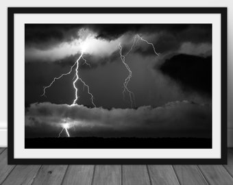 Black and white lightning photography print, nature home wall art photo