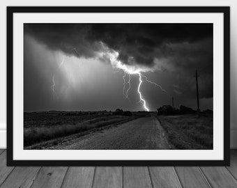 Black and white lightning photography print, fine art stormy night sky wall art picture