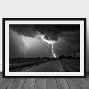 Black and white lightning photography print, fine art stormy night sky wall art picture