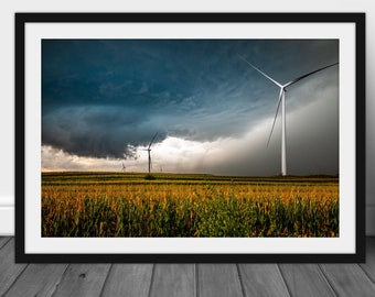 Tornado photography wall art, wind turbine in Iowa landscape picture