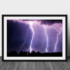 Multiple lightning bolt photography print, nighttime storm wall art photo hanging