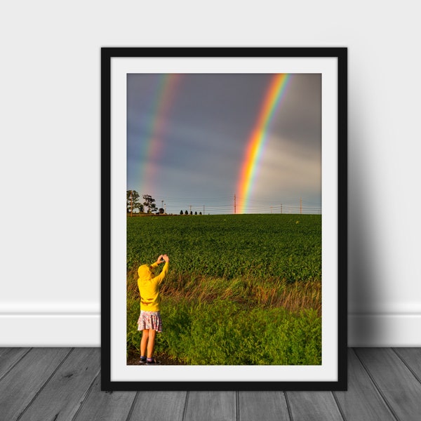 Nature photography print, fine art wall art photo of little girl taking a picture of a colorful rainbow after a thunderstorm weather decor