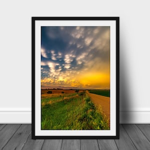 Landscape photography print, fine art wall art photo of scenic Nebraska farmland with colorful mammatus storm clouds nature decor