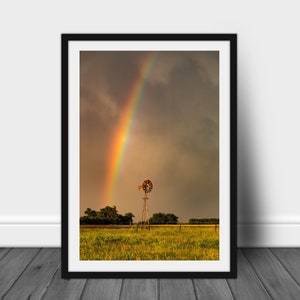 Rainbow photography print, windmill wall art photo of scenic Nebraska country landscape decor