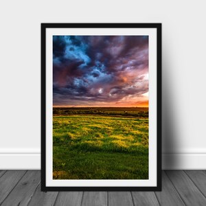 Landscape photography print, fine art wall art photo of scenic sunset with colorful storm clouds over Iowa farmland nature home decor