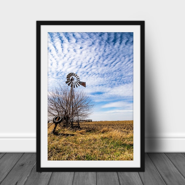 Rustic photography print, fine art wall art photo of old windmill in Iowa farmland with blue sky and white clouds country decor