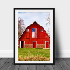 Red barn photography print, farm wall art photo of barn in Iowa with an American flag rustic country decor