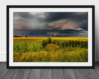 24x36 Framed storm photography print, scenic Iowa country landscape wall art hanging for home or office