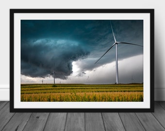 24x36 Framed wind turbine photography print, tornado wall art hanging for home or office