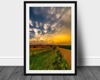 Landscape photography print, fine art wall art photo of scenic Nebraska farmland with colorful mammatus storm clouds nature decor