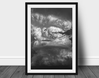 Black and white cloud photography print, nature wall art photo of modern home decor