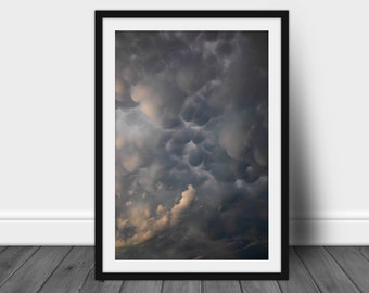 Vertical cloudscape wall art picture, abstract mammatus cloud hanging