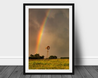 Rainbow photography print, windmill wall art photo of scenic Nebraska country landscape decor