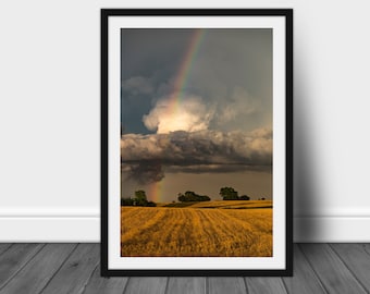 Large 24x36 framed Nebraska landscape photography wall art, rainbow on country farmland photo