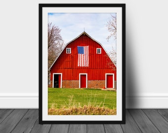 Red barn photography print, farm wall art photo of barn in Iowa with an American flag rustic country decor