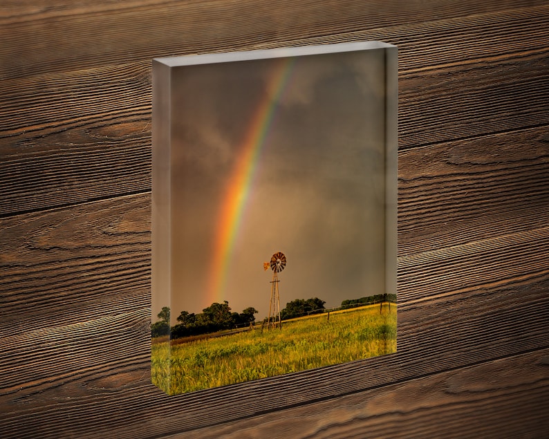 Rainbow photography print, windmill wall art photo of scenic Nebraska country landscape decor image 5