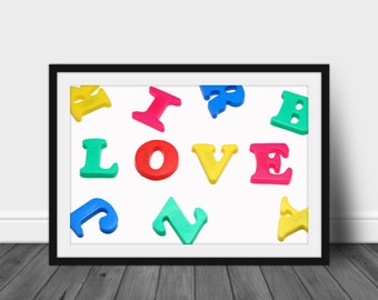 Digital photography print, printable wall art photo of toy letters that spell love with white background instant download home decor