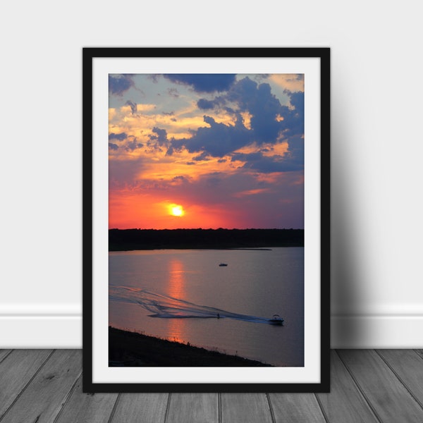 Digital photography print, printable wall art photo of colorful scenic sunset over lake with water skier instant download stock image
