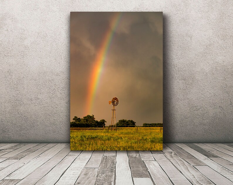 Rainbow photography print, windmill wall art photo of scenic Nebraska country landscape decor image 3