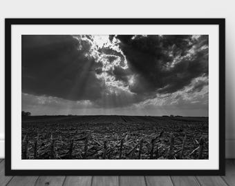 Black and white Iowa farmland landscape photography print, rustic country wall art picture