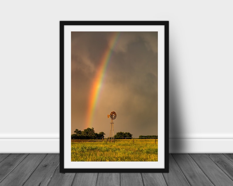 Rainbow photography print, windmill wall art photo of scenic Nebraska country landscape decor image 1