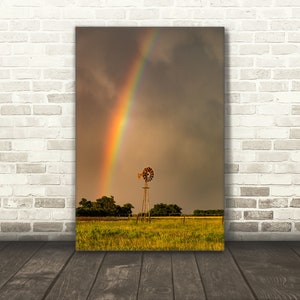 Rainbow photography print, windmill wall art photo of scenic Nebraska country landscape decor image 2