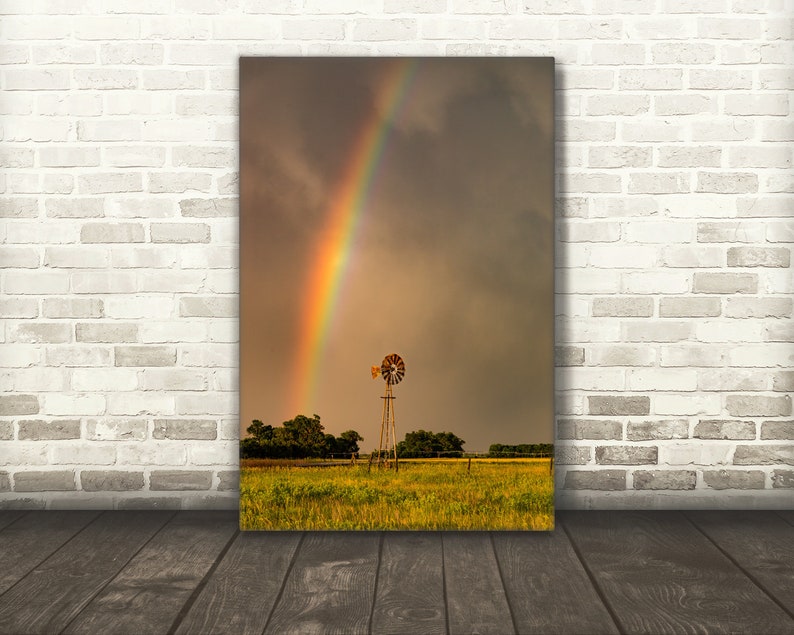 Rainbow photography print, windmill wall art photo of scenic Nebraska country landscape decor image 2