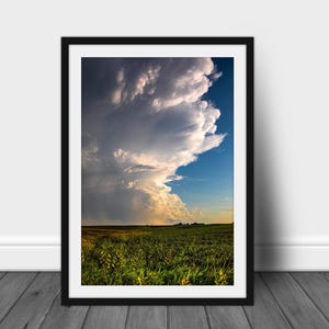 May include: A dramatic, dark gray storm cloud hangs low over a field of green grass. The sun is setting, casting a golden glow on the horizon.