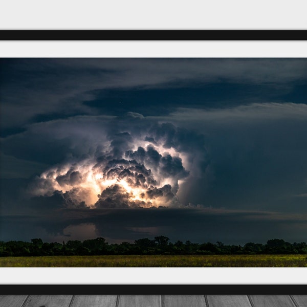 Lightning cloud photography print, nighttime thunderstorm wall art picture