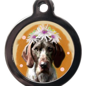 May include: A brown and white dog wearing a flower crown. The dog is looking directly at the camera with a serious expression. The background is a light orange colour with white polka dots.