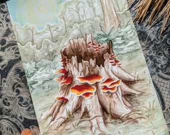 Saprotrophic Watercolor Mushroom Stump Illustration Art Print // Nature // Witchcraft // Oracle