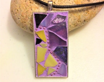 Handmade Stained Glass Mosaic Pendant: Purple & Yellow Necklace