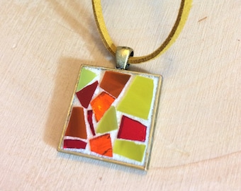 Hand Cut Glass Mosaic Pendant Necklace: Copper Bezel, Suede Cord