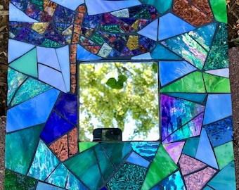 Dragonfly Mosaic Mirror: Hand-Cut Stained Glass Wall Hanging