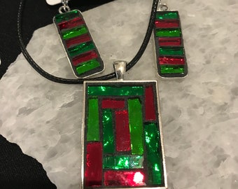 Red, Green Mirror Glass/Mosaic Pendant/Glass Jewelry/Rectangular Earrings/Red, Green Pendant