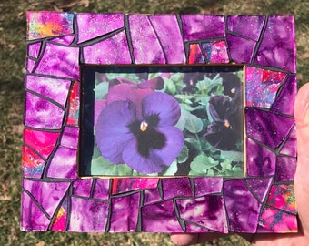 Mosaic Picture Frame/Purple Glitter Glass Photo Frame/7.5" x 6" Frame/Mosaic Glitter Glass Tiles/Recycled Wood Frame