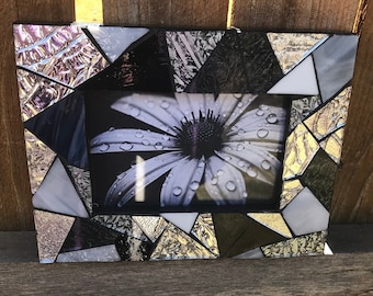 Handmade Mosaic Picture Frame: Silver, Black & White Glass